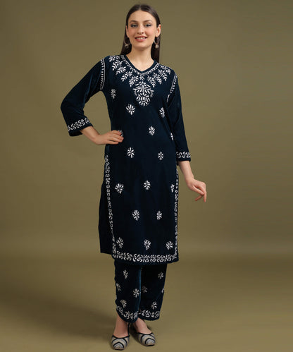 NEA Chikankari Lucknowi Hand Embroidered Velvet Kurta Set - Teal Blue