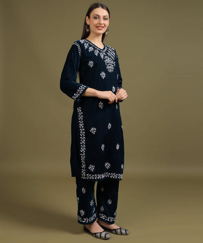 NEA Chikankari Lucknowi Hand Embroidered Velvet Kurta Set - Teal Blue