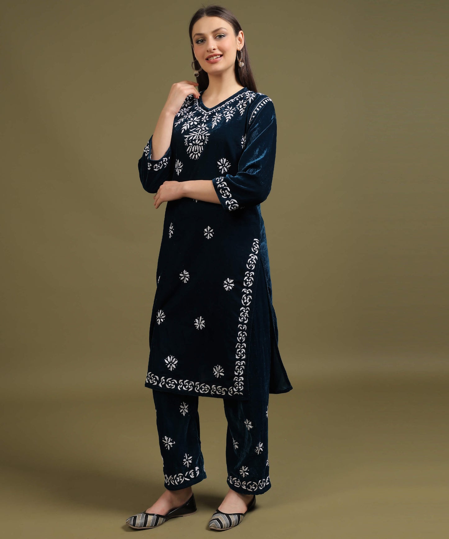 NEA Chikankari Lucknowi Hand Embroidered Velvet Kurta Set - Teal Blue
