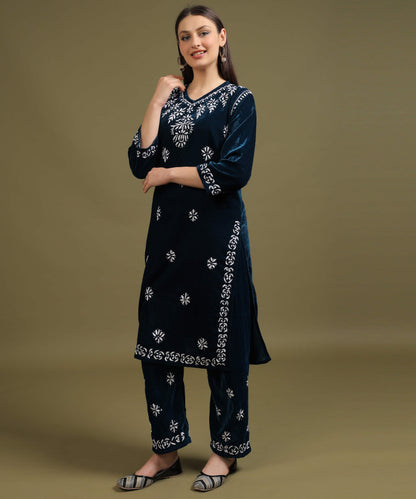 NEA Chikankari Lucknowi Hand Embroidered Velvet Kurta Set - Teal Blue