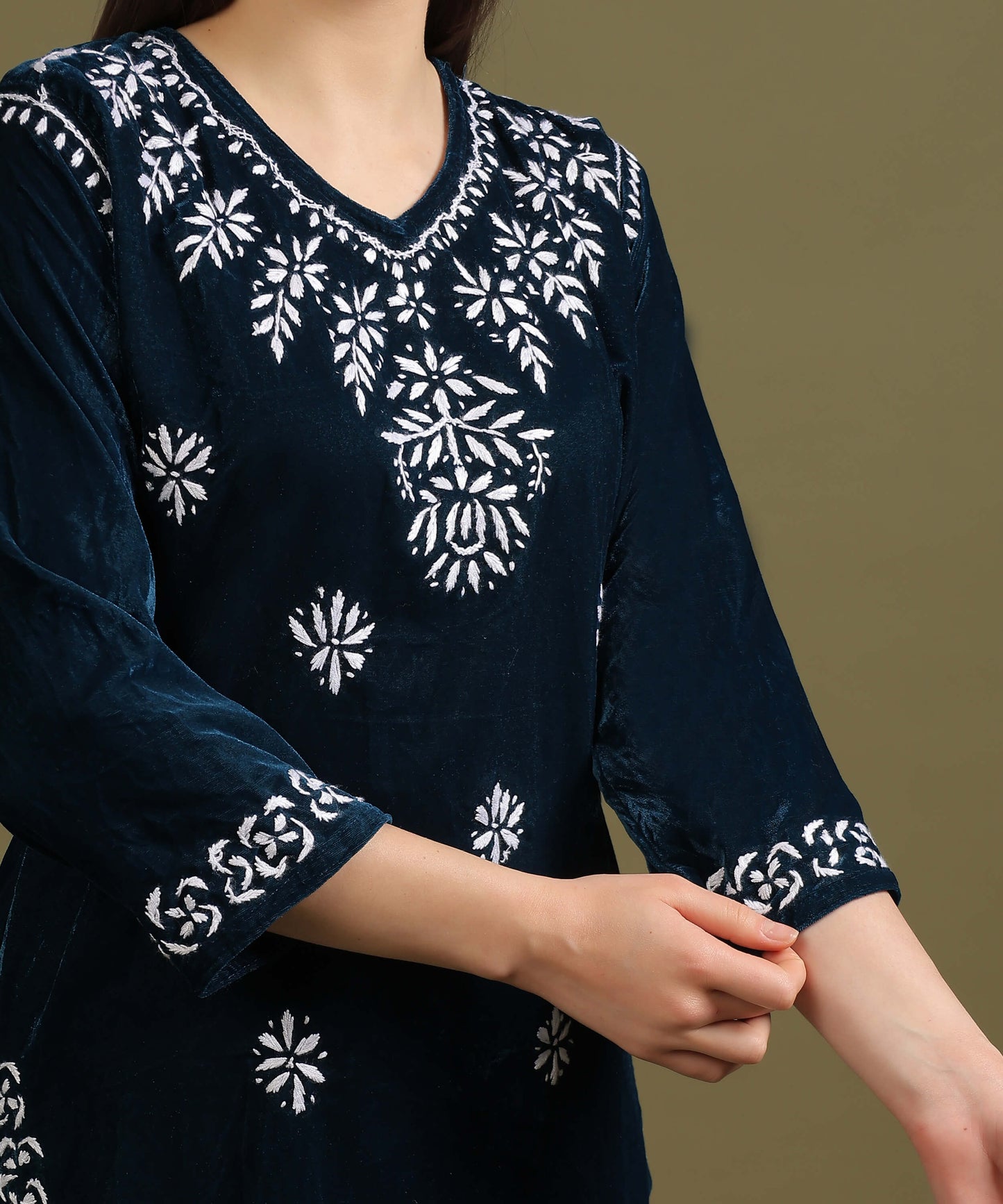 NEA Chikankari Lucknowi Hand Embroidered Velvet Kurta Set - Teal Blue