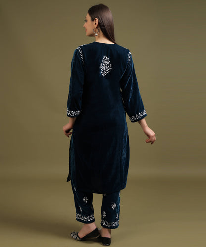 NEA Chikankari Lucknowi Hand Embroidered Velvet Kurta Set - Teal Blue