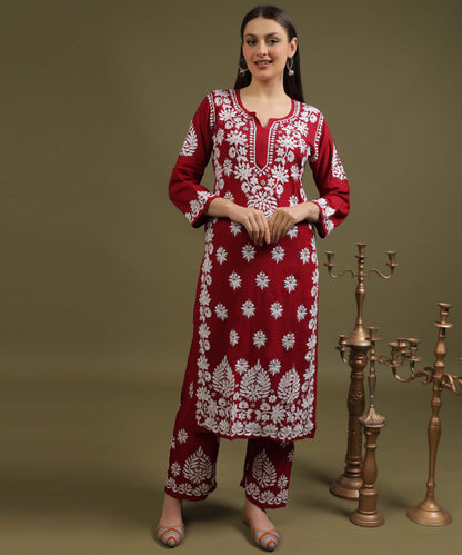 NEA Chikankari Lucknowi Handcrafted Rayon Palazzo Set - Maroon