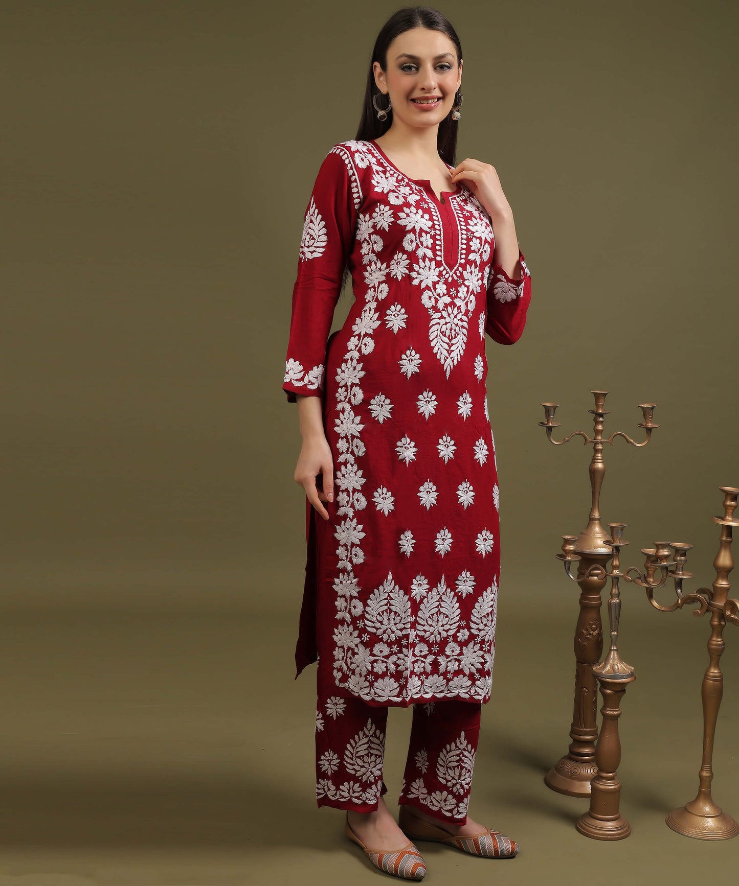 NEA Chikankari Lucknowi Handcrafted Rayon Palazzo Set - Maroon