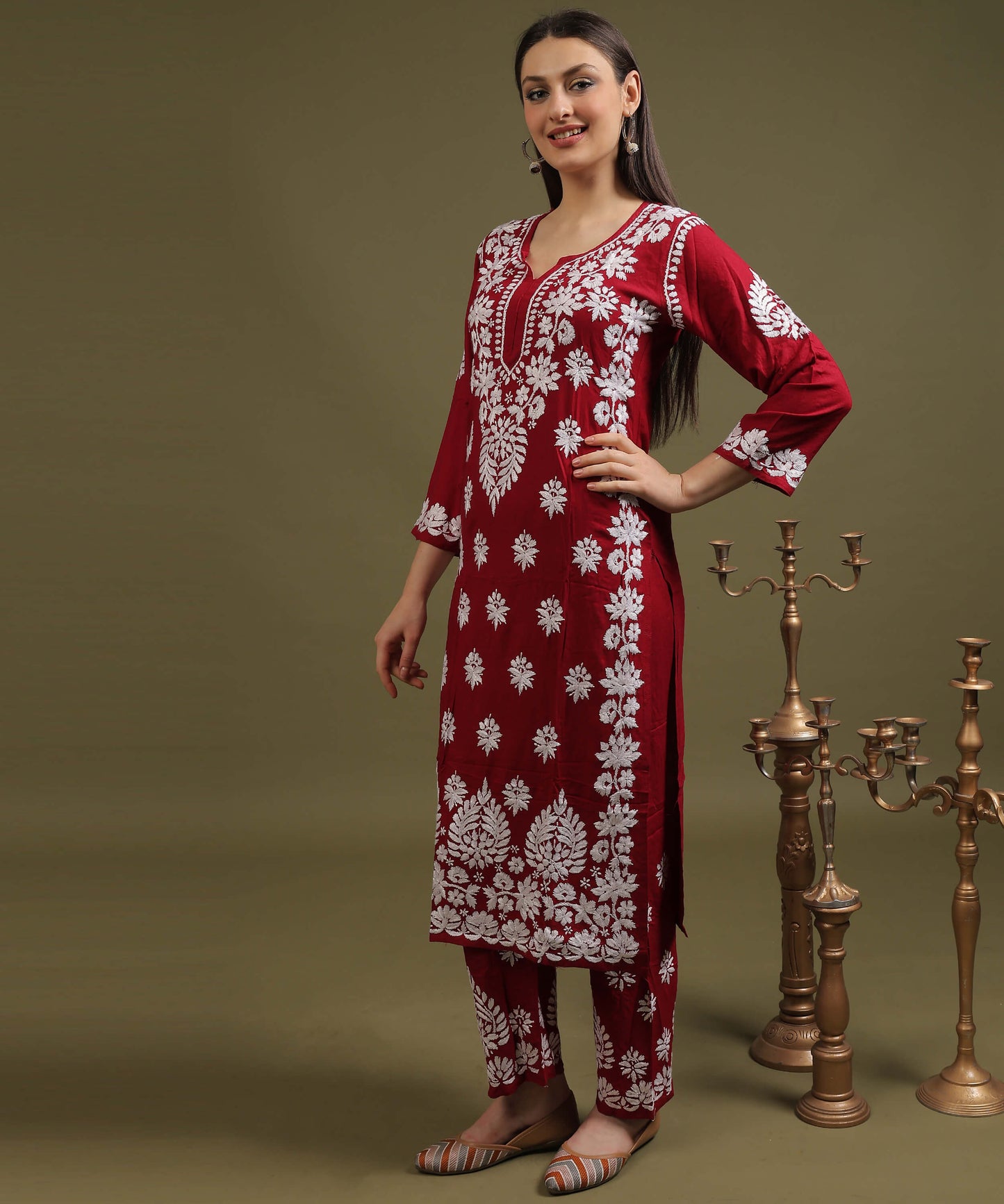 NEA Chikankari Lucknowi Handcrafted Rayon Palazzo Set - Maroon