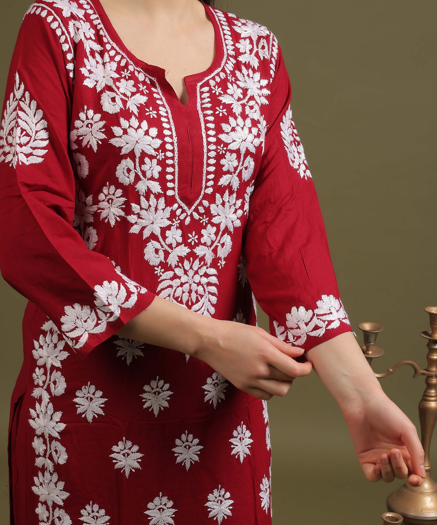 NEA Chikankari Lucknowi Handcrafted Rayon Palazzo Set - Maroon
