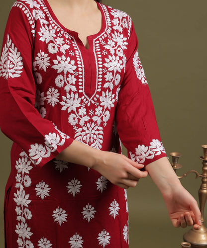 NEA Chikankari Lucknowi Handcrafted Rayon Palazzo Set - Maroon
