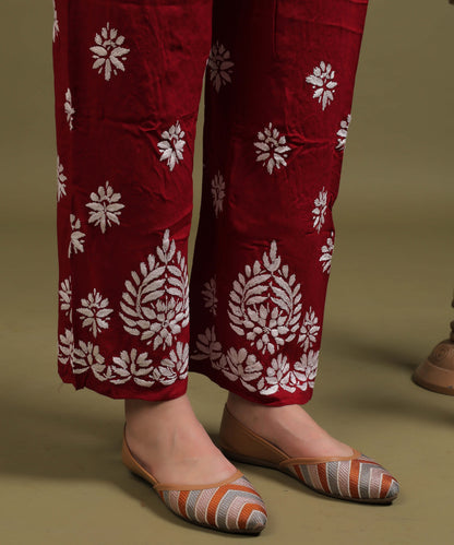 NEA Chikankari Lucknowi Handcrafted Rayon Palazzo Set - Maroon