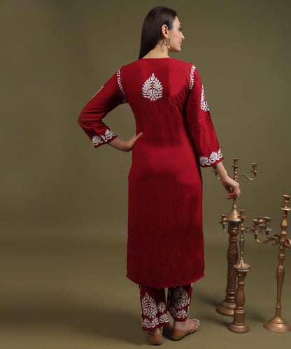 NEA Chikankari Lucknowi Handcrafted Rayon Palazzo Set - Maroon