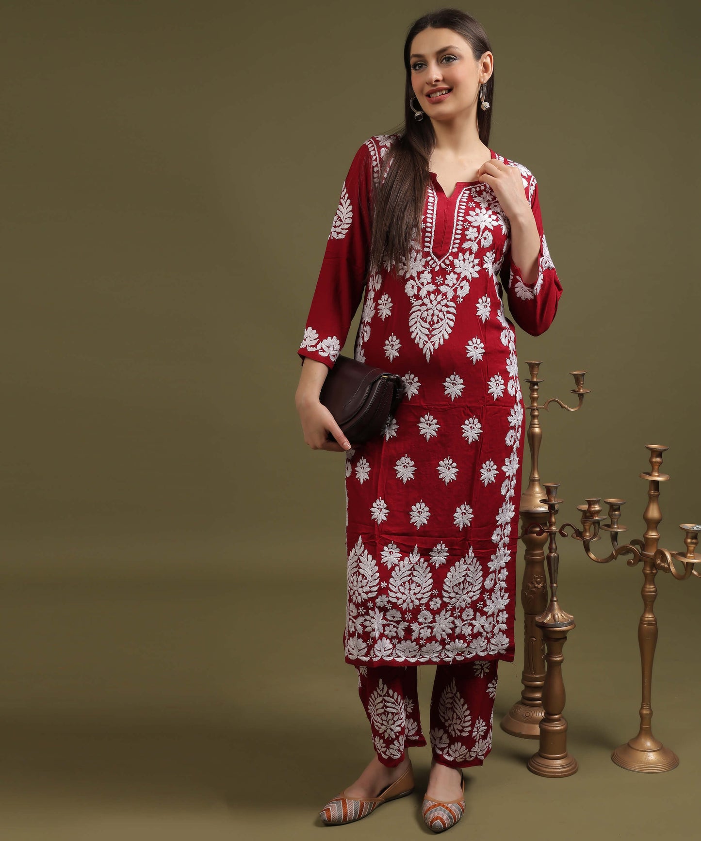 NEA Chikankari Lucknowi Handcrafted Rayon Palazzo Set - Maroon