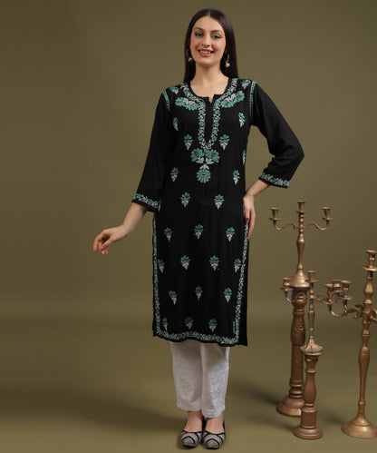NEA Chikankari Black Rayon Kurti With Sea Green Embroidery