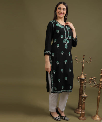 NEA Chikankari Black Rayon Kurti With Sea Green Embroidery