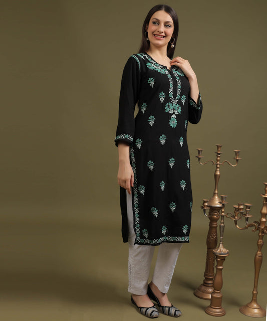 NEA Chikankari Black Rayon Kurti With Sea Green Embroidery