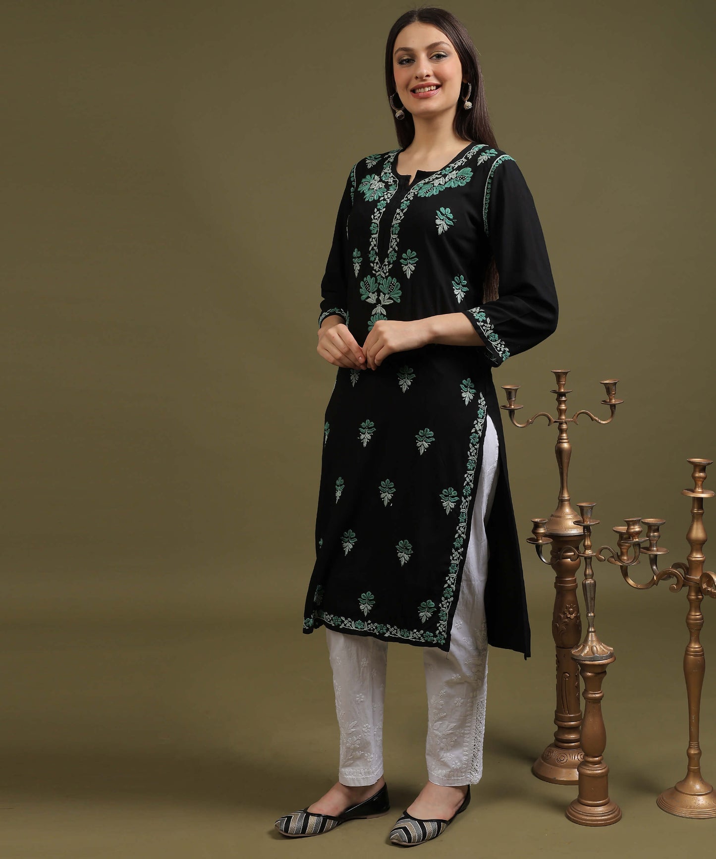 NEA Chikankari Black Rayon Kurti With Sea Green Embroidery