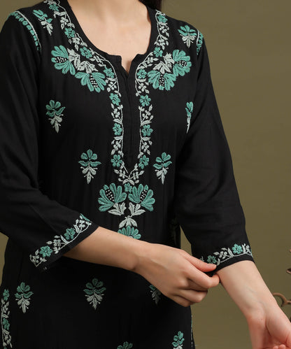 NEA Chikankari Black Rayon Kurti With Sea Green Embroidery