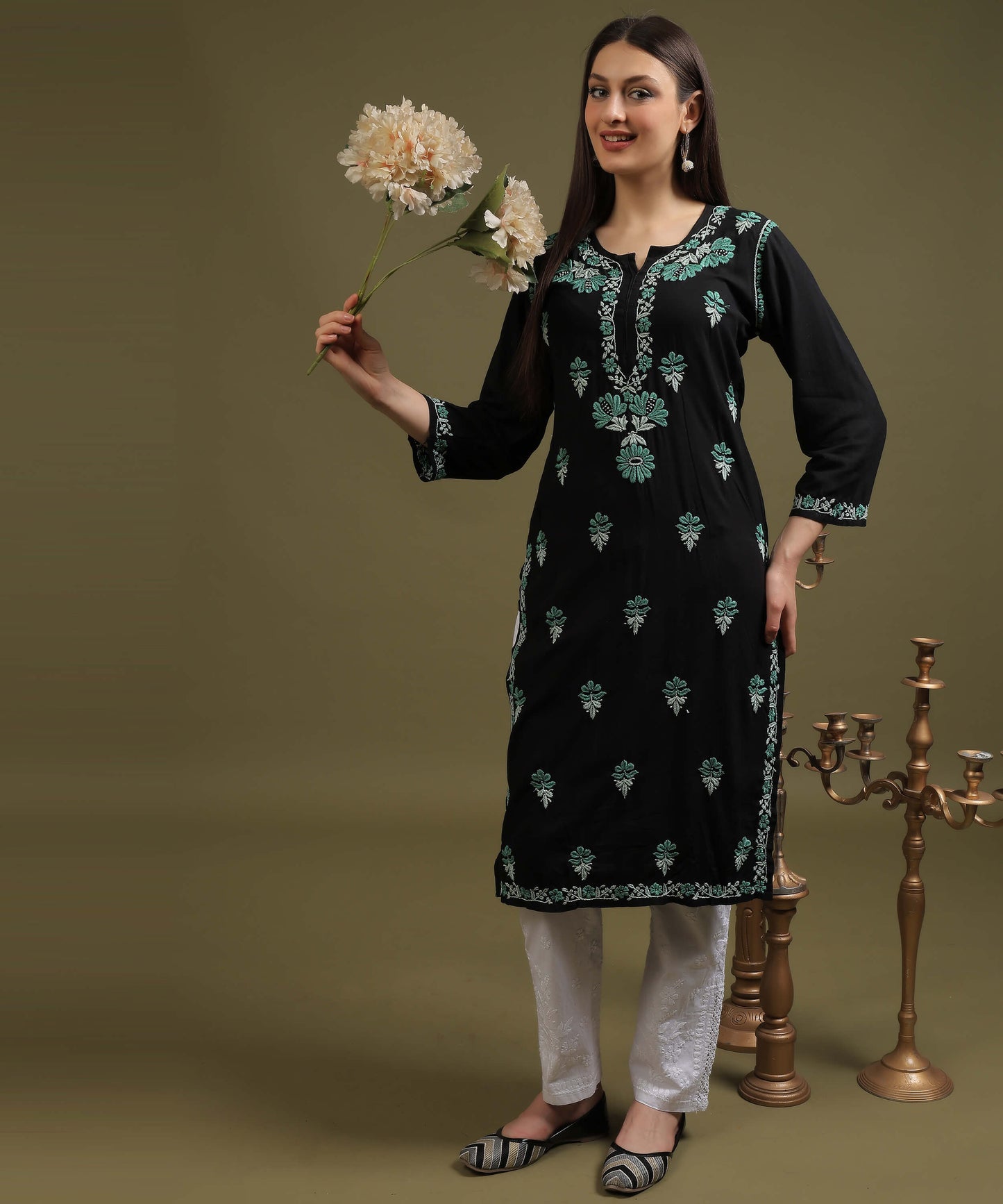 NEA Chikankari Black Rayon Kurti With Sea Green Embroidery