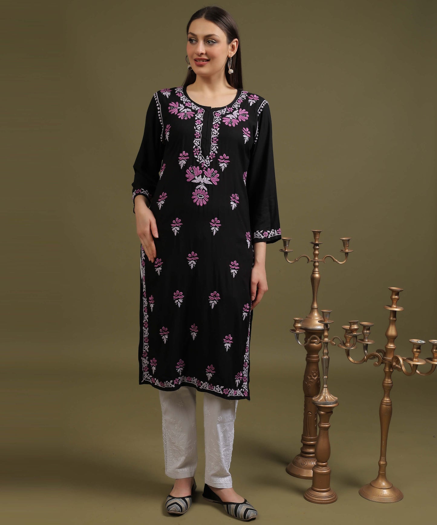 NEA Chikankari Black Rayon Kurti With Onion Pink Embroidery