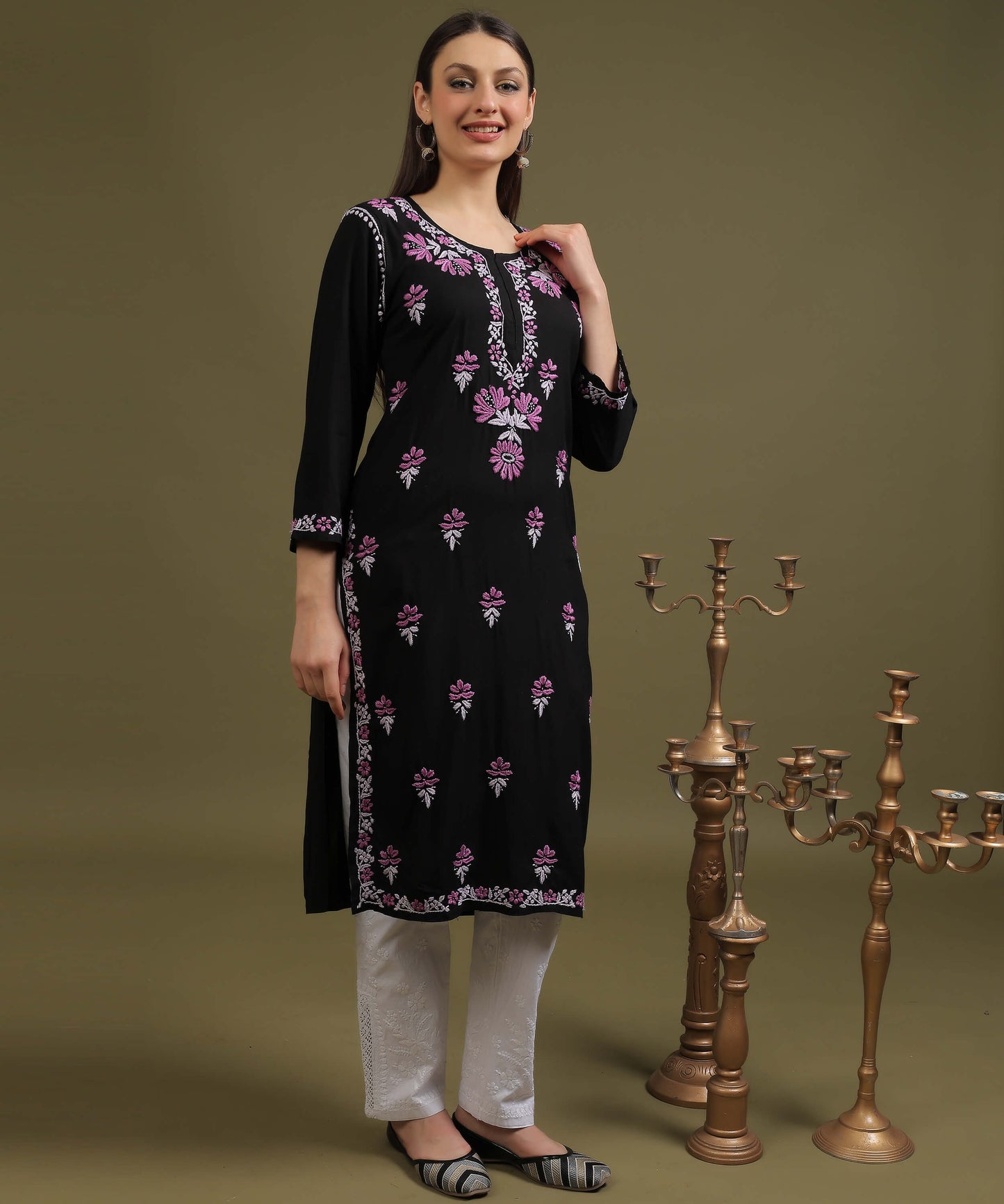 NEA Chikankari Black Rayon Kurti With Onion Pink Embroidery