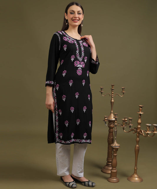 NEA Chikankari Black Rayon Kurti With Onion Pink Embroidery
