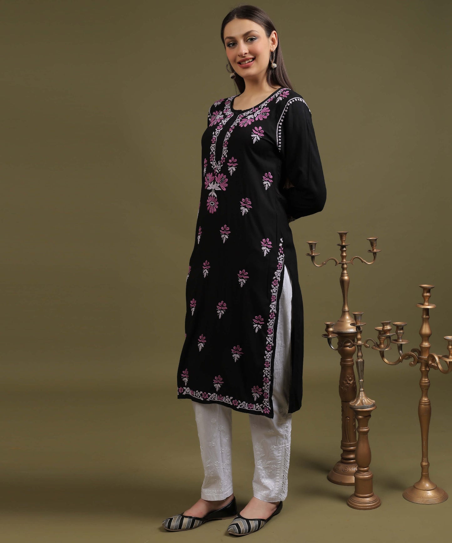 NEA Chikankari Black Rayon Kurti With Onion Pink Embroidery