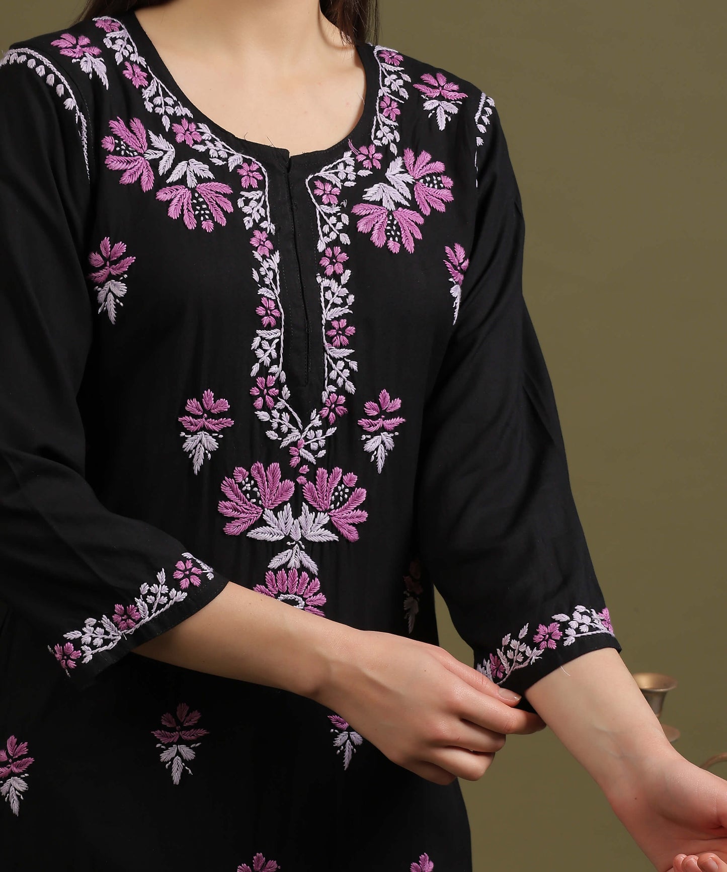 NEA Chikankari Black Rayon Kurti With Onion Pink Embroidery
