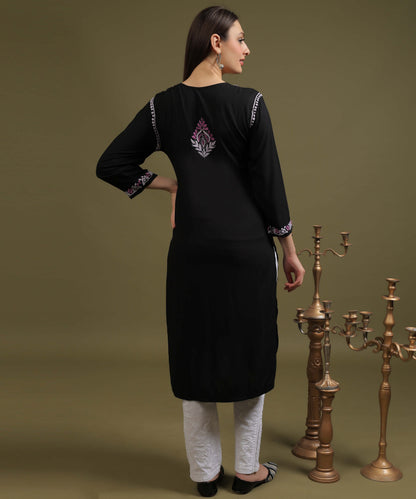 NEA Chikankari Black Rayon Kurti With Onion Pink Embroidery