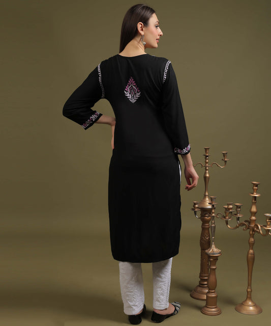 NEA Chikankari Black Rayon Kurti With Onion Pink Embroidery
