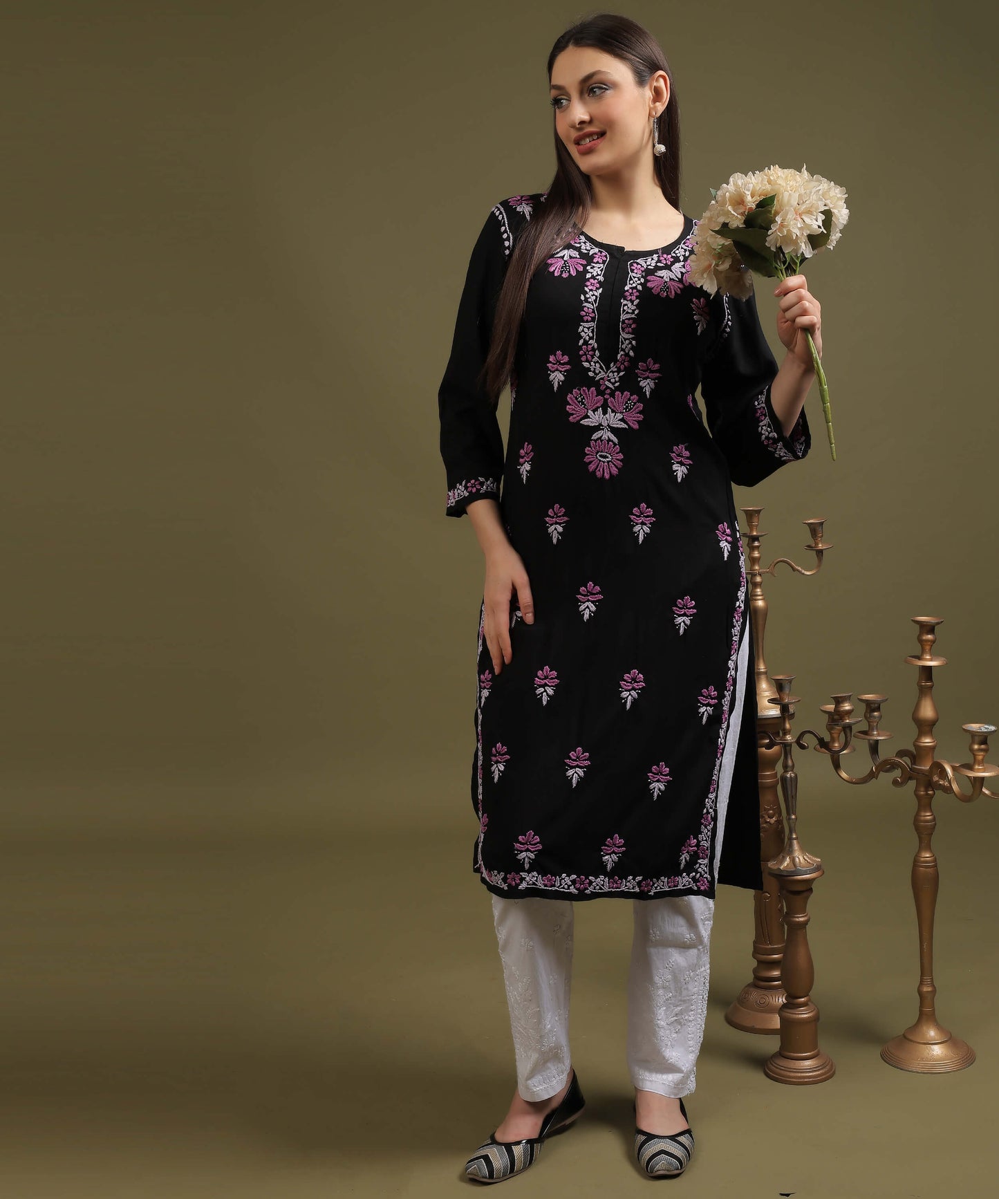 NEA Chikankari Black Rayon Kurti With Onion Pink Embroidery