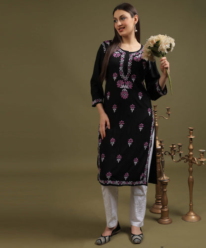 NEA Chikankari Black Rayon Kurti With Onion Pink Embroidery