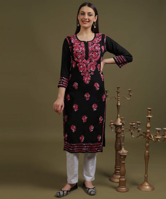 NEA Chikankari Black Rayon Kurti With Shaded Pink Embroidery