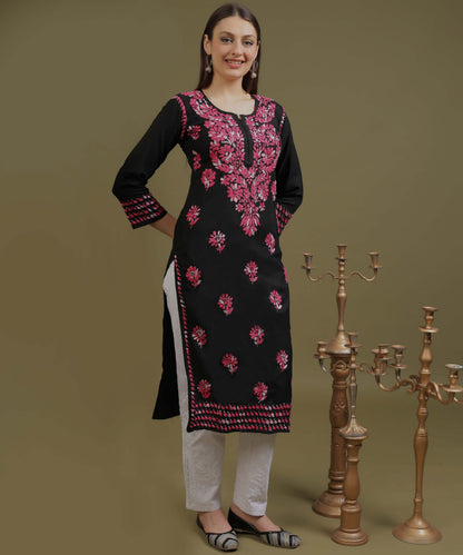 NEA Chikankari Black Rayon Kurti With Shaded Pink Embroidery