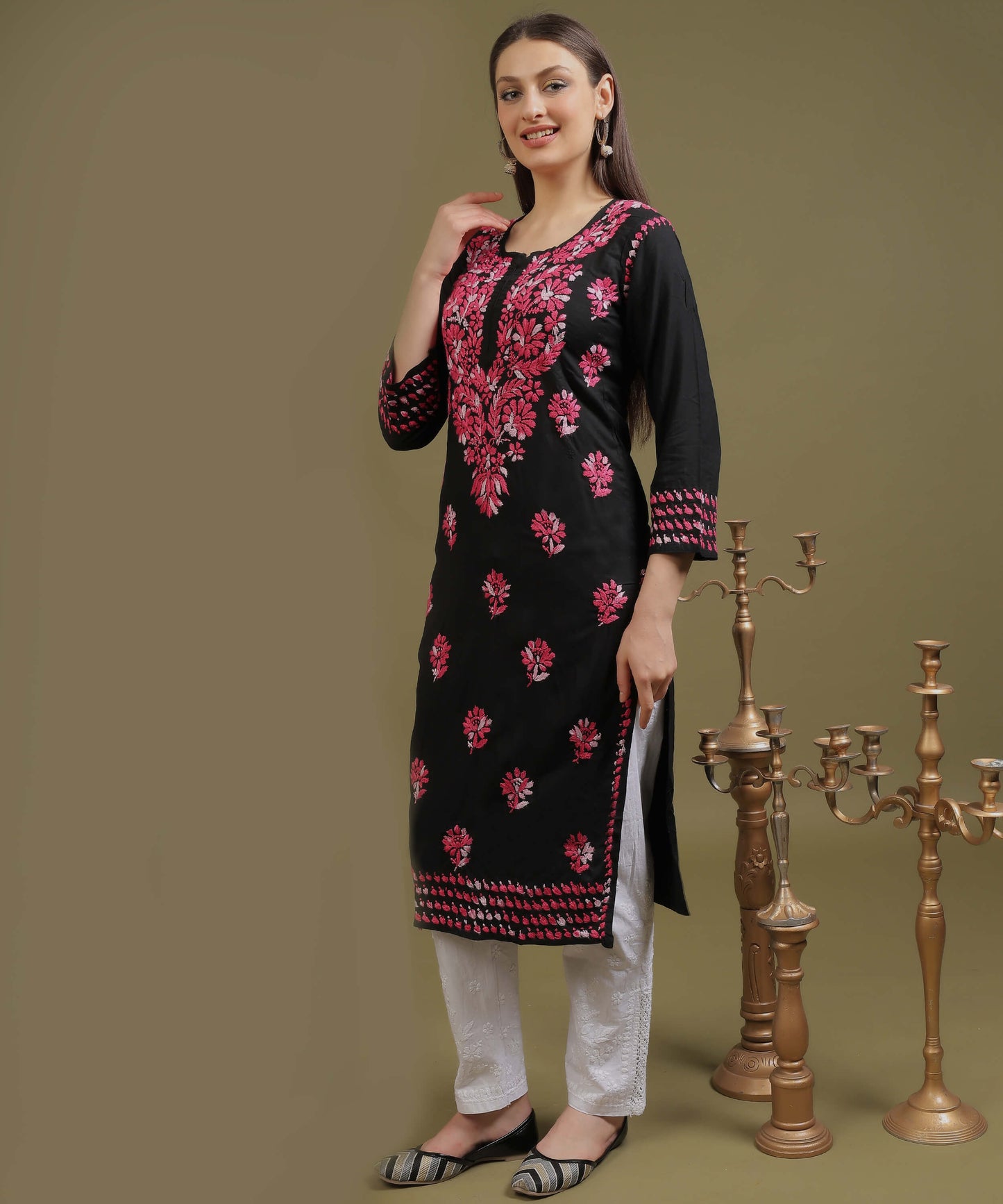 NEA Chikankari Black Rayon Kurti With Shaded Pink Embroidery