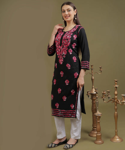 NEA Chikankari Black Rayon Kurti With Shaded Pink Embroidery