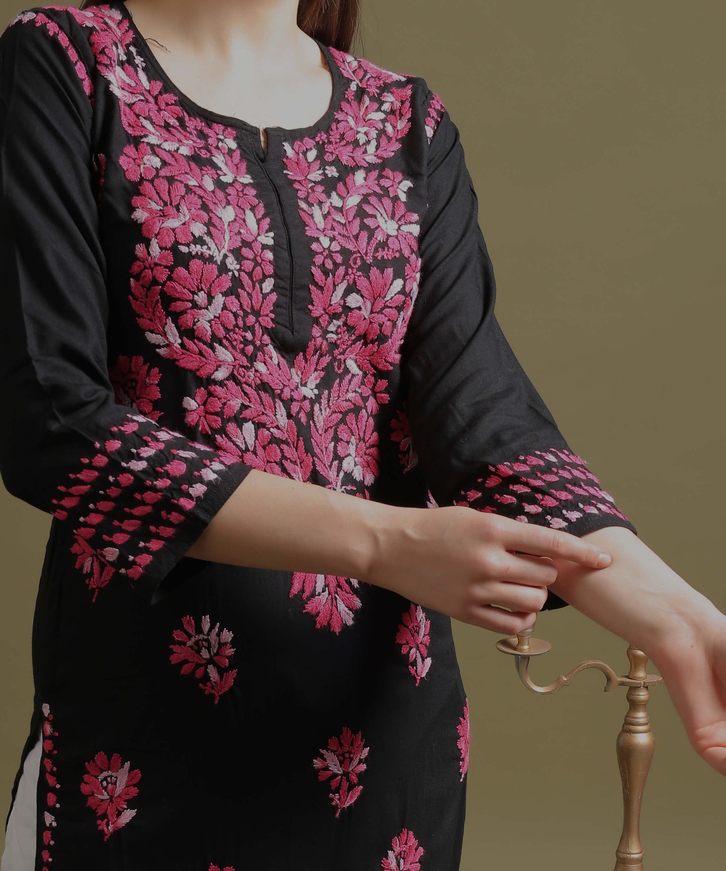 NEA Chikankari Black Rayon Kurti With Shaded Pink Embroidery