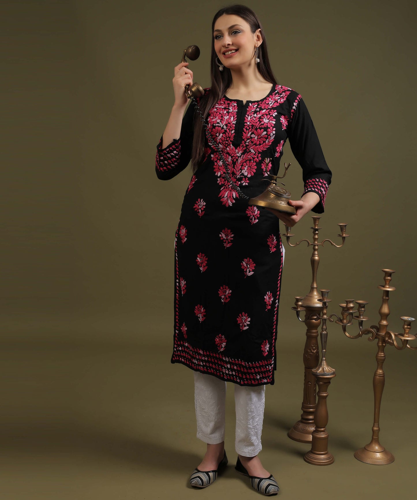 NEA Chikankari Black Rayon Kurti With Shaded Pink Embroidery