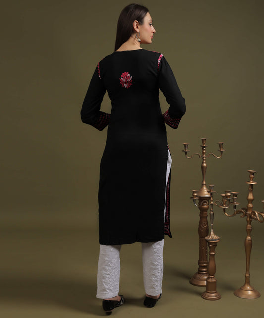 NEA Chikankari Black Rayon Kurti With Shaded Pink Embroidery