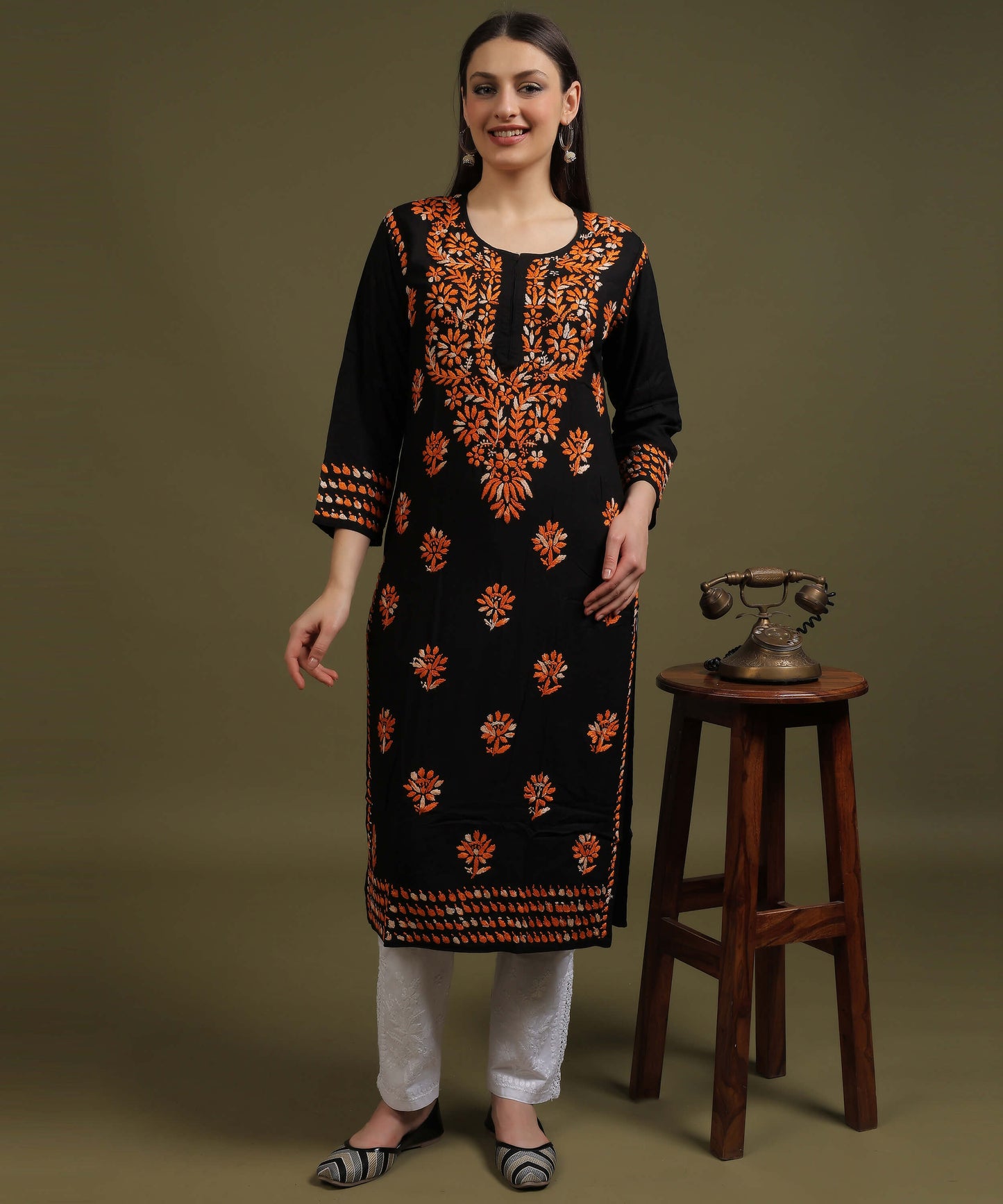 NEA Chikankari Black Rayon Kurti With Shaded Orange Embroidery