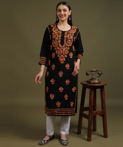 NEA Chikankari Black Rayon Kurti With Shaded Orange Embroidery