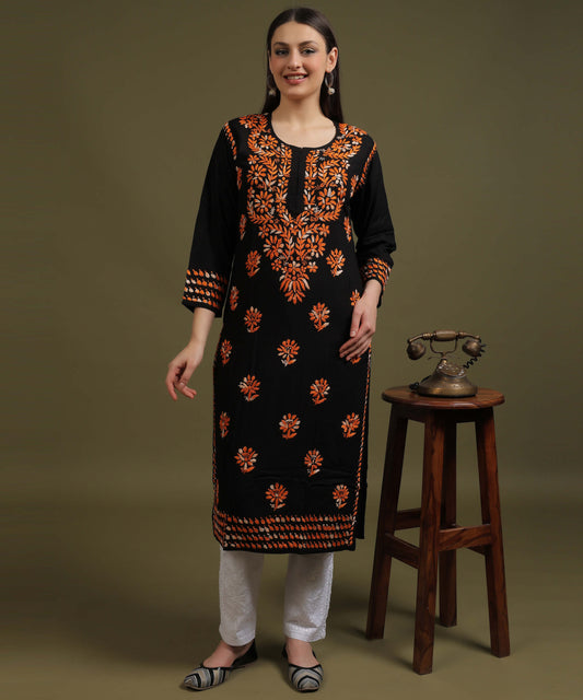 NEA Chikankari Black Rayon Kurti With Shaded Orange Embroidery