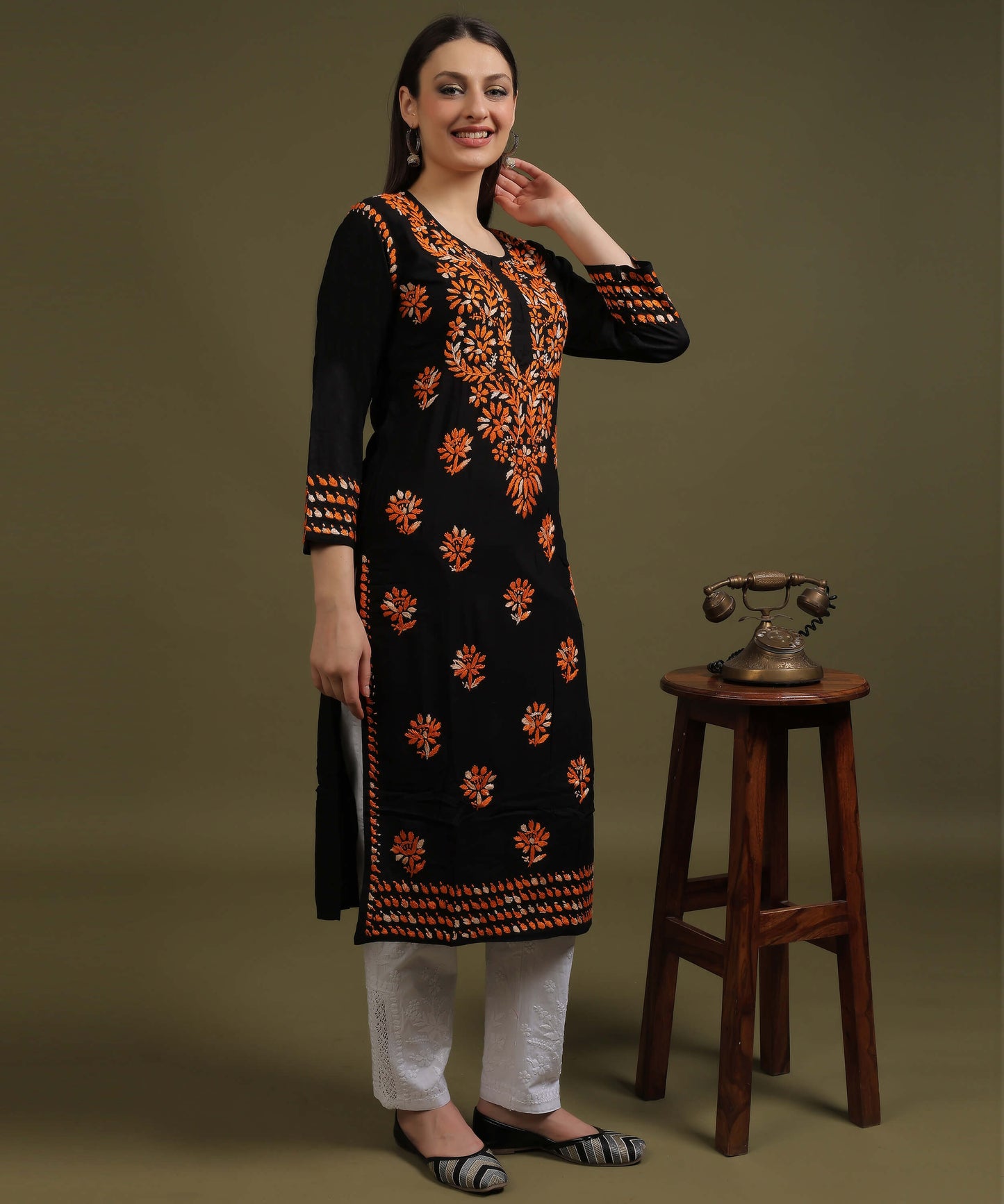 NEA Chikankari Black Rayon Kurti With Shaded Orange Embroidery