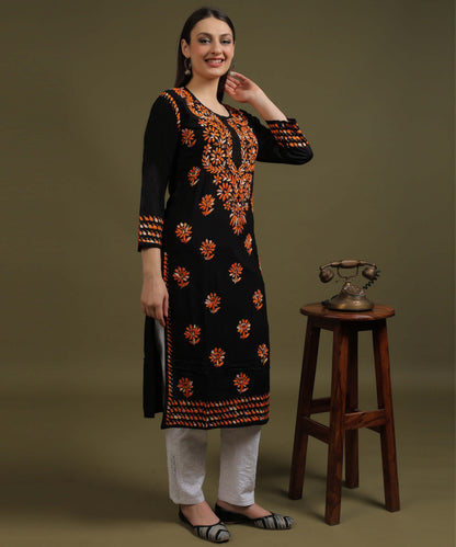 NEA Chikankari Black Rayon Kurti With Shaded Orange Embroidery