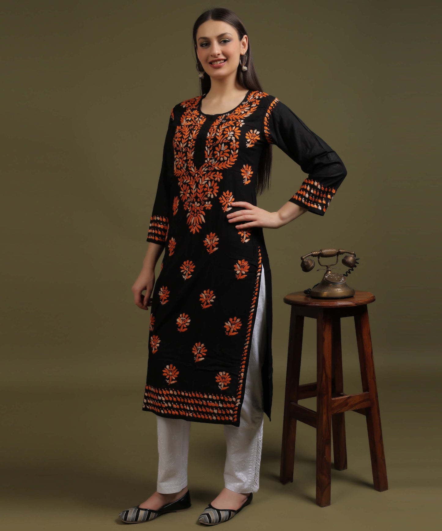 NEA Chikankari Black Rayon Kurti With Shaded Orange Embroidery