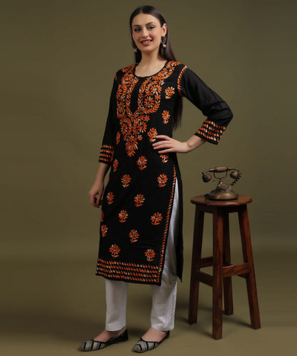 NEA Chikankari Black Rayon Kurti With Shaded Orange Embroidery