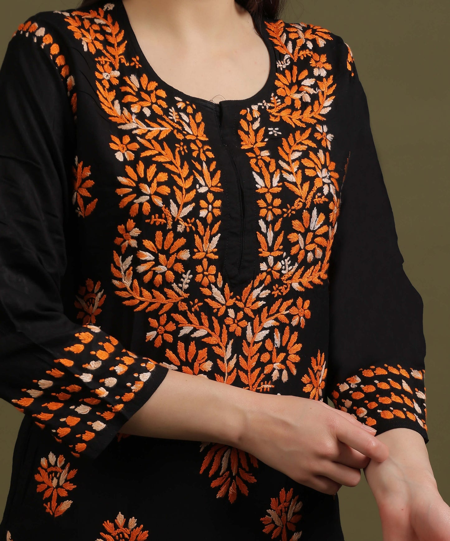 NEA Chikankari Black Rayon Kurti With Shaded Orange Embroidery