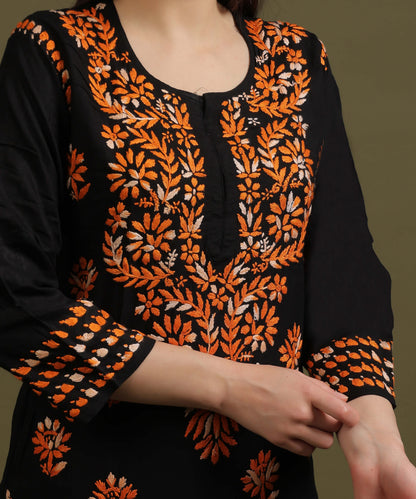NEA Chikankari Black Rayon Kurti With Shaded Orange Embroidery