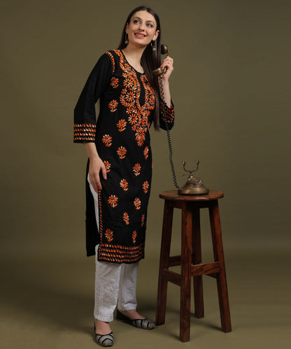 NEA Chikankari Black Rayon Kurti With Shaded Orange Embroidery