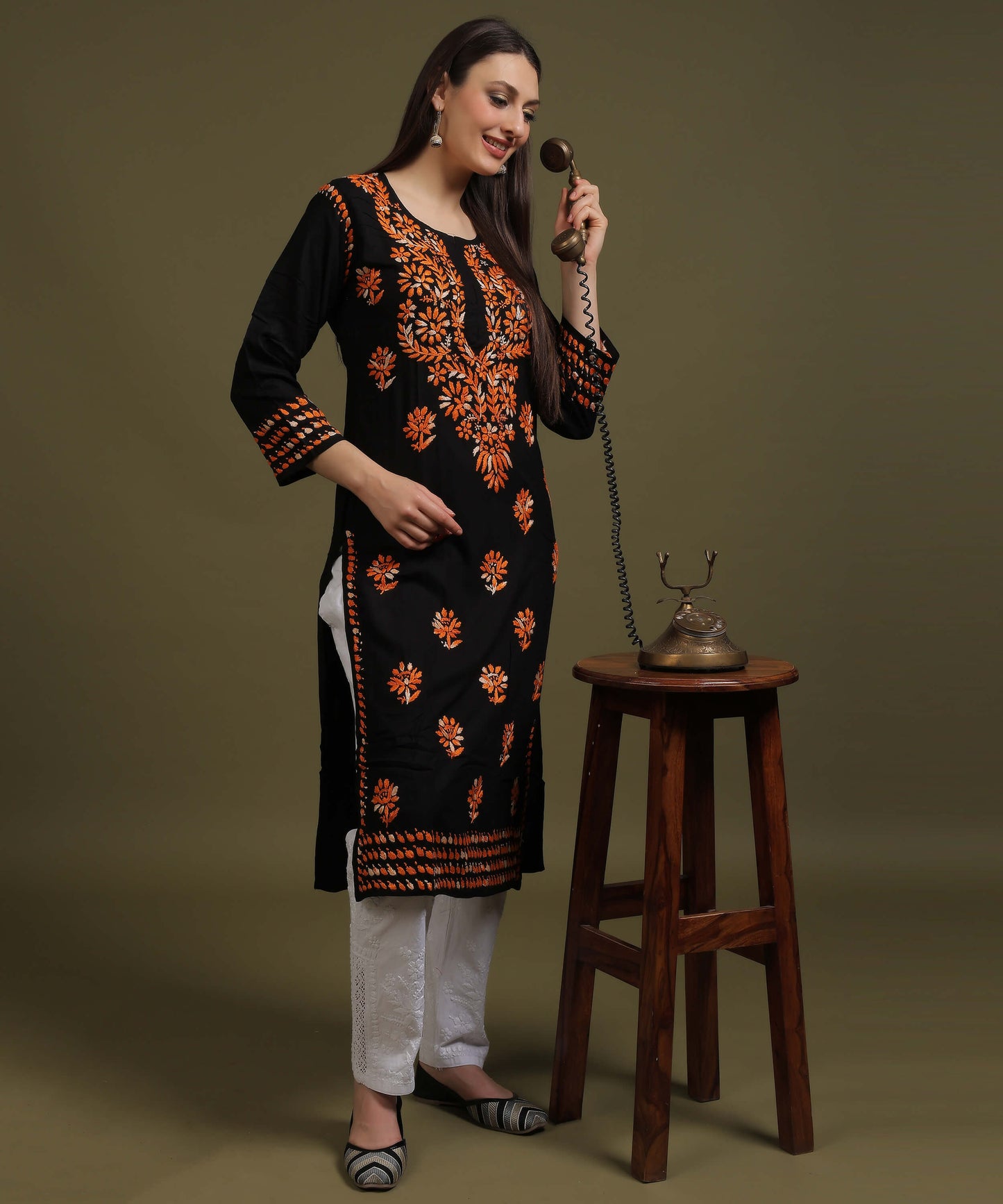 NEA Chikankari Black Rayon Kurti With Shaded Orange Embroidery