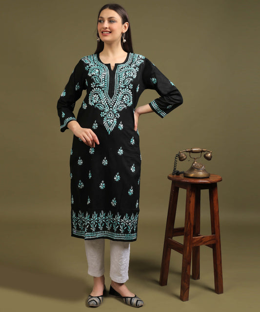 NEA Chikankari Black Cotton Kurti With Shaded Sky Blue Embroidery