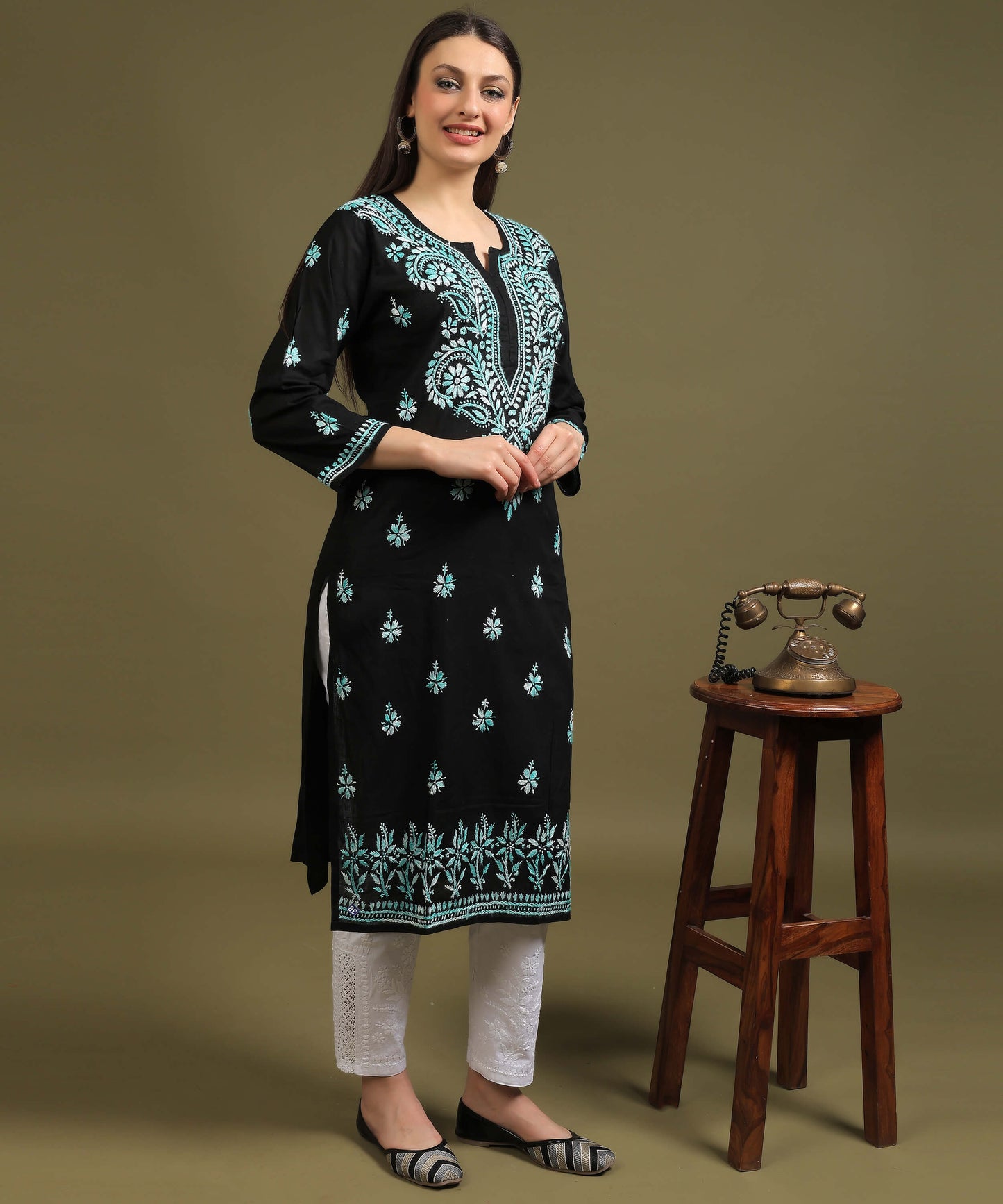 NEA Chikankari Black Cotton Kurti With Shaded Sky Blue Embroidery