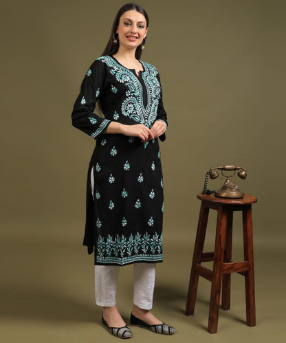 NEA Chikankari Black Cotton Kurti With Shaded Sky Blue Embroidery